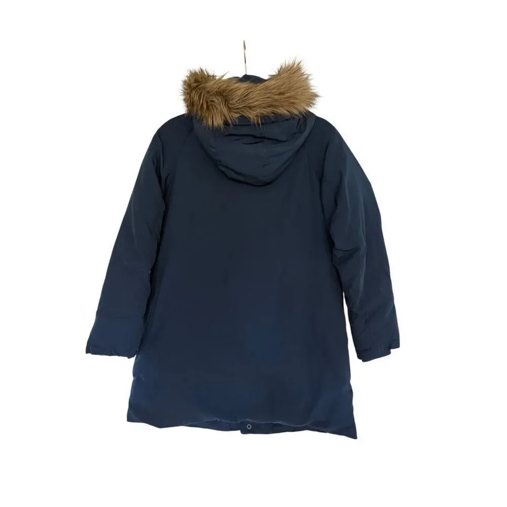 Zara Kids Navy Blue Faux Fur Trim Hooded Full Zip Down Parka Jacket Size 11/12